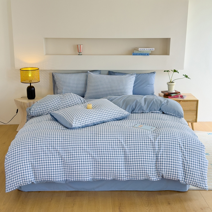 91家纺网 家纺一手货源 找家纺 桔禾家纺 2025新款无印风四件套床单床笠被套被罩纯色水洗棉学生宿舍床上三件套四件套 小蓝格