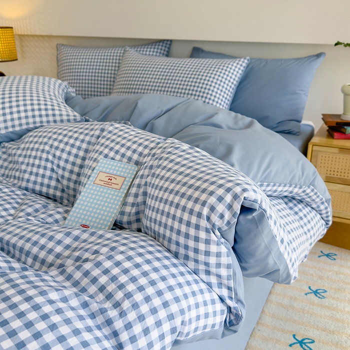 91家纺网 家纺一手货源 找家纺 桔禾家纺 2025新款无印风四件套床单床笠被套被罩纯色水洗棉学生宿舍床上三件套四件套 小蓝格