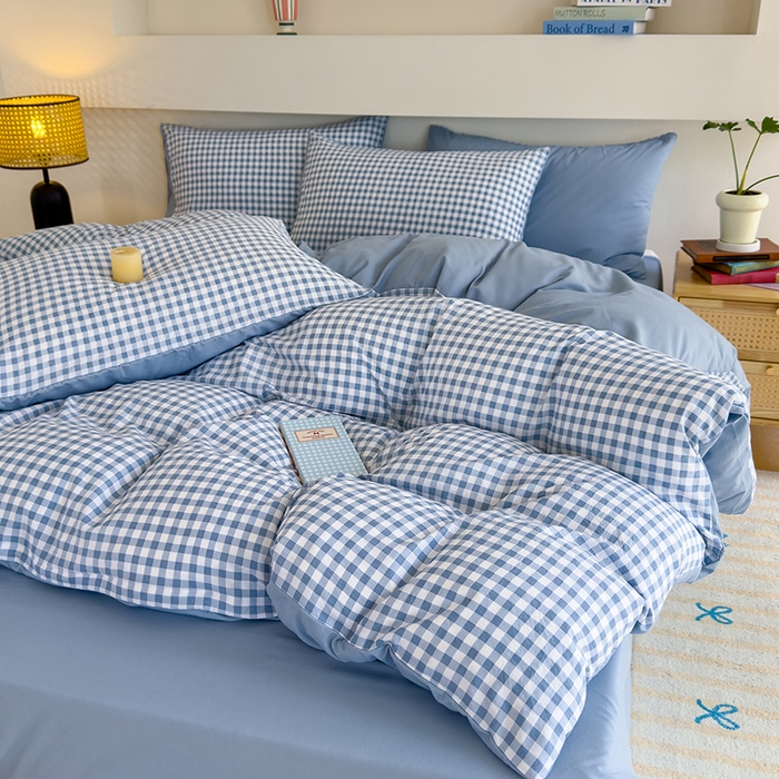91家纺网 家纺一手货源 找家纺 桔禾家纺 2025新款无印风四件套床单床笠被套被罩纯色水洗棉学生宿舍床上三件套四件套 小蓝格