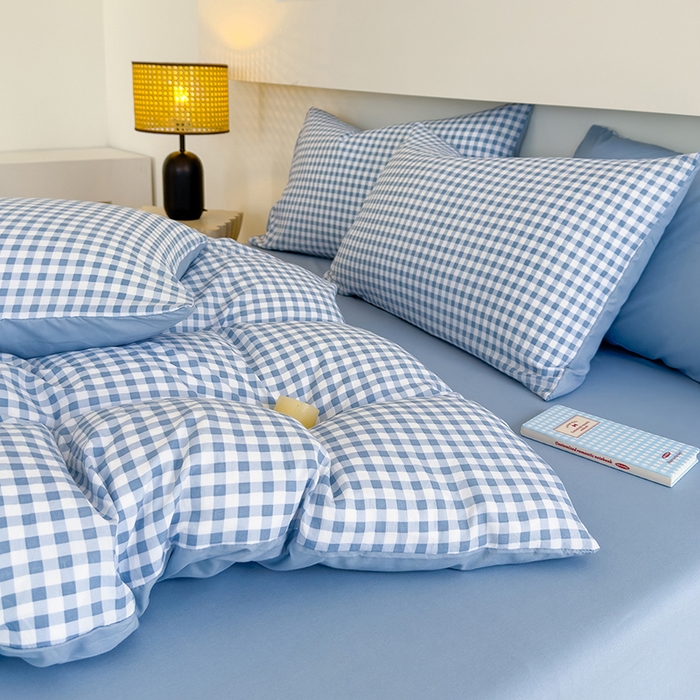 91家纺网 家纺一手货源 找家纺 桔禾家纺 2025新款无印风四件套床单床笠被套被罩纯色水洗棉学生宿舍床上三件套四件套 小蓝格