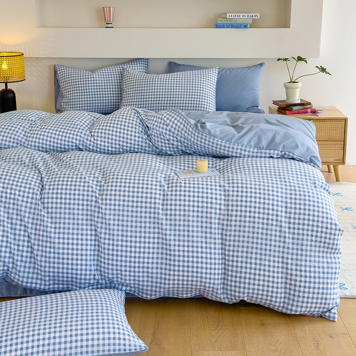 91家纺网 家纺一手货源 找家纺 桔禾家纺 2025新款无印风四件套床单床笠被套被罩纯色水洗棉学生宿舍床上三件套四件套 小蓝格