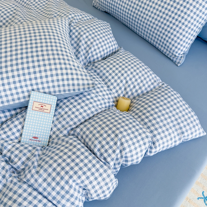 91家纺网 家纺一手货源 找家纺 桔禾家纺 2025新款无印风四件套床单床笠被套被罩纯色水洗棉学生宿舍床上三件套四件套 小蓝格