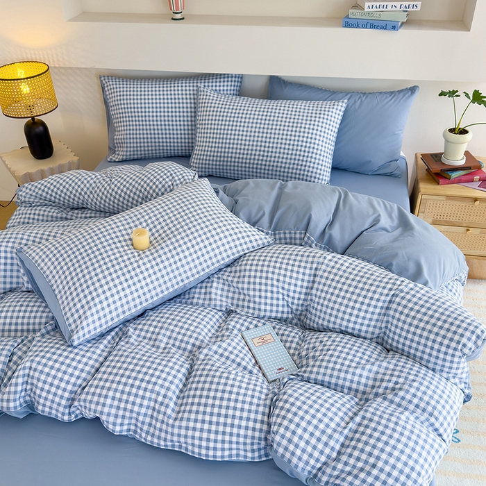 91家纺网 家纺一手货源 找家纺 桔禾家纺 2025新款无印风四件套床单床笠被套被罩纯色水洗棉学生宿舍床上三件套四件套 小蓝格