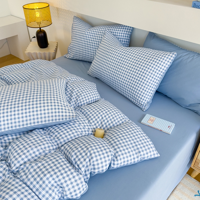 91家纺网 家纺一手货源 找家纺 桔禾家纺 2025新款无印风四件套床单床笠被套被罩纯色水洗棉学生宿舍床上三件套四件套 小蓝格