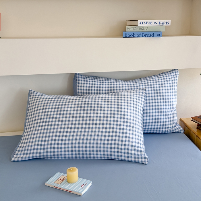 91家纺网 家纺一手货源 找家纺 桔禾家纺 2025新款无印风四件套床单床笠被套被罩纯色水洗棉学生宿舍床上三件套四件套 小蓝格