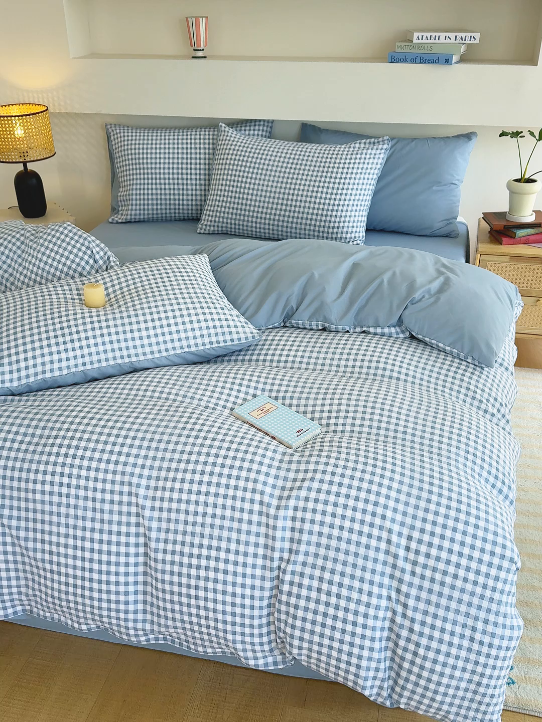 91家纺网 家纺一手货源 找家纺 桔禾家纺 2025新款无印风四件套床单床笠被套被罩纯色水洗棉学生宿舍床上三件套四件套 小蓝格