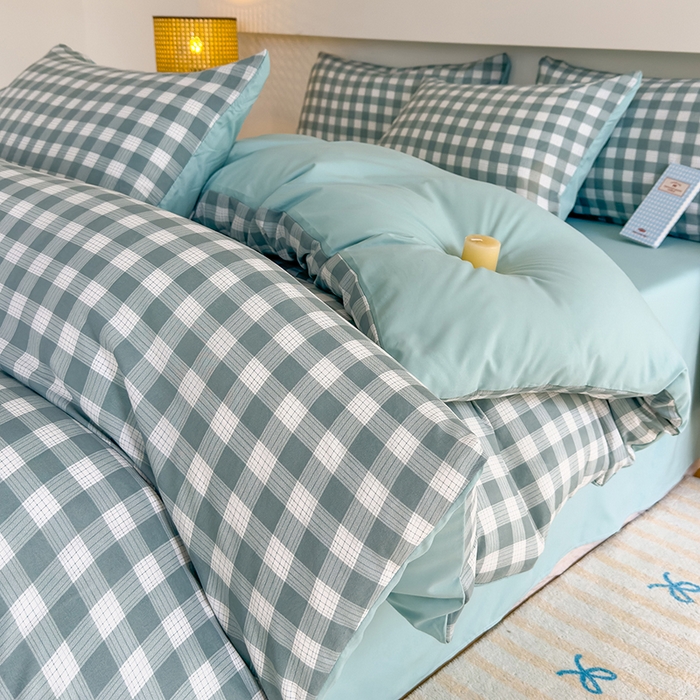 桔禾家纺 2025新款无印风四件套床单床笠被套被罩纯色水洗棉学生宿舍床上三件套四件套 小绿格