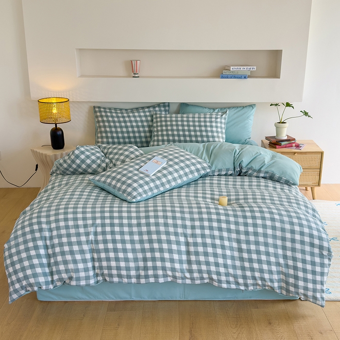 91家纺网 家纺一手货源 找家纺 桔禾家纺 2025新款无印风四件套床单床笠被套被罩纯色水洗棉学生宿舍床上三件套四件套 小绿格