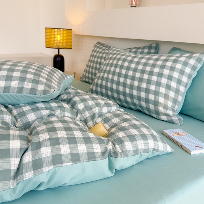 91家纺网 家纺一手货源 找家纺 桔禾家纺 2025新款无印风四件套床单床笠被套被罩纯色水洗棉学生宿舍床上三件套四件套 小绿格