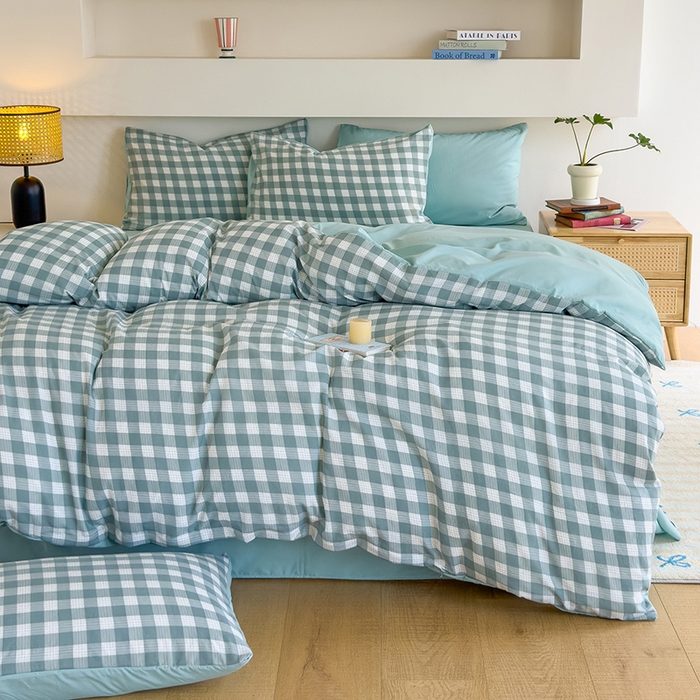 91家纺网 家纺一手货源 找家纺 桔禾家纺 2025新款无印风四件套床单床笠被套被罩纯色水洗棉学生宿舍床上三件套四件套 小绿格