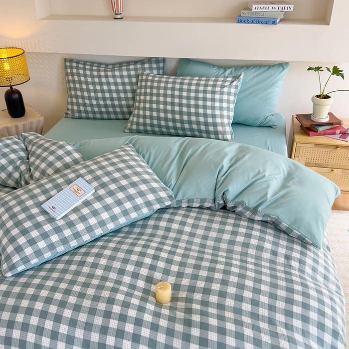 91家纺网 家纺一手货源 找家纺 桔禾家纺 2025新款无印风四件套床单床笠被套被罩纯色水洗棉学生宿舍床上三件套四件套 小绿格