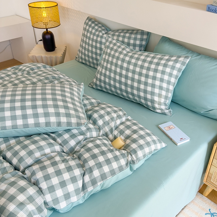 91家纺网 家纺一手货源 找家纺 桔禾家纺 2025新款无印风四件套床单床笠被套被罩纯色水洗棉学生宿舍床上三件套四件套 小绿格