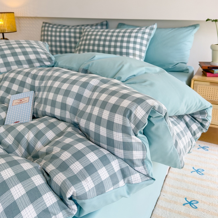 91家纺网 家纺一手货源 找家纺 桔禾家纺 2025新款无印风四件套床单床笠被套被罩纯色水洗棉学生宿舍床上三件套四件套 小绿格