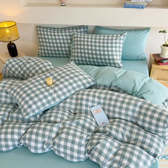 91家纺网 家纺一手货源 找家纺 桔禾家纺 2025新款无印风四件套床单床笠被套被罩纯色水洗棉学生宿舍床上三件套四件套 小绿格