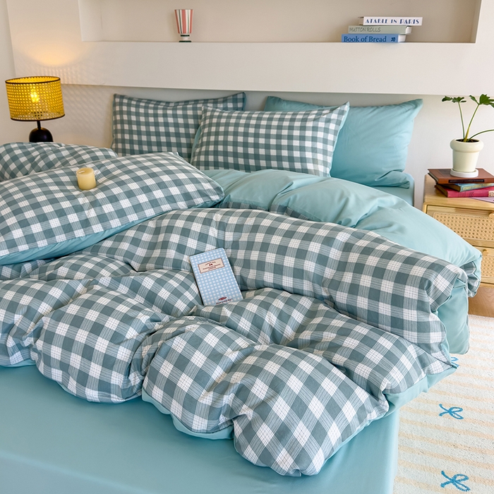 91家纺网 家纺一手货源 找家纺 桔禾家纺 2025新款无印风四件套床单床笠被套被罩纯色水洗棉学生宿舍床上三件套四件套 小绿格