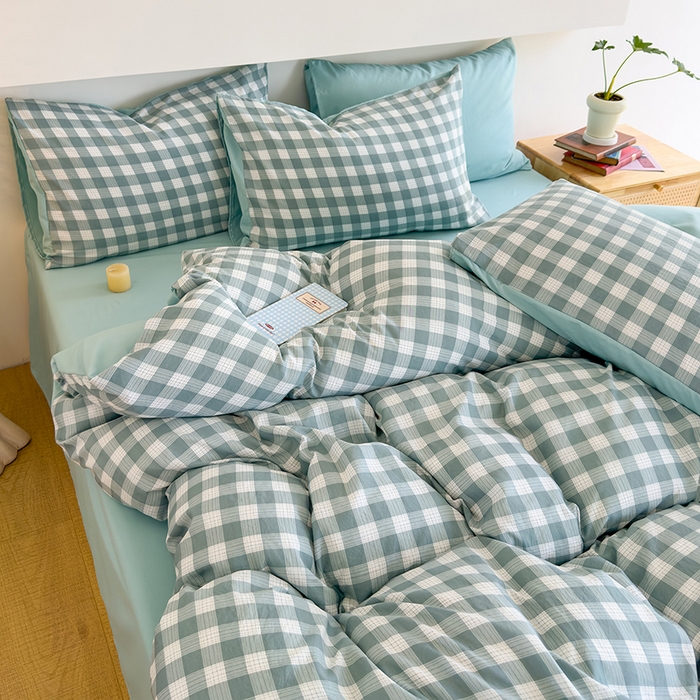 91家纺网 家纺一手货源 找家纺 桔禾家纺 2025新款无印风四件套床单床笠被套被罩纯色水洗棉学生宿舍床上三件套四件套 小绿格