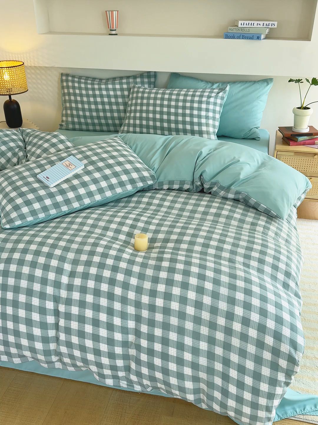 91家纺网 家纺一手货源 找家纺 桔禾家纺 2025新款无印风四件套床单床笠被套被罩纯色水洗棉学生宿舍床上三件套四件套 小绿格