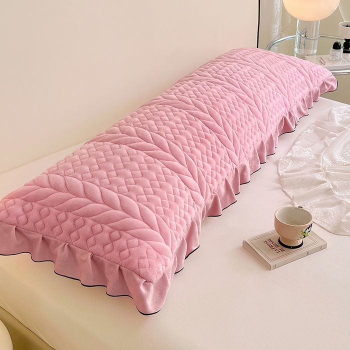 梦舒羽 2025新款A类牛奶绒夹棉花边枕套情侣双人加长枕芯套枕头套-轻奢 花边轻奢款-浪漫粉