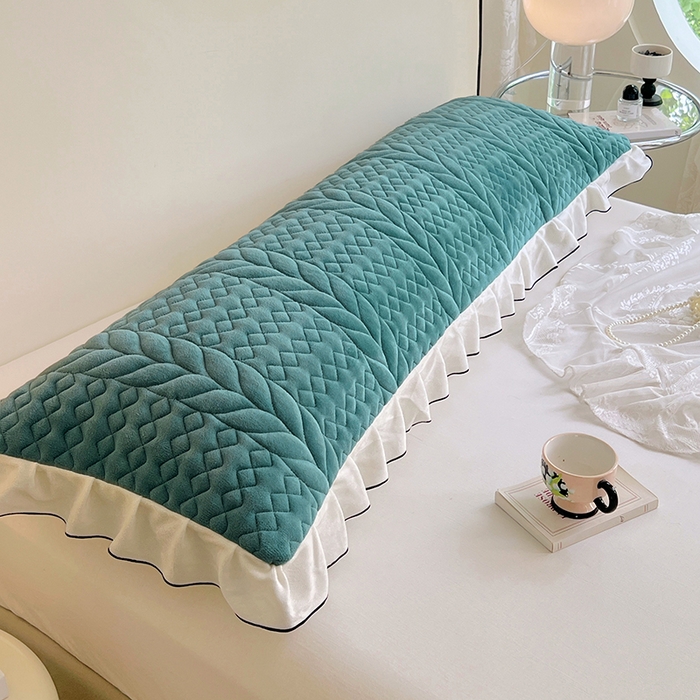 梦舒羽 2025新款A类牛奶绒夹棉花边枕套情侣双人加长枕芯套枕头套-轻奢 花边轻奢款-浅水兰