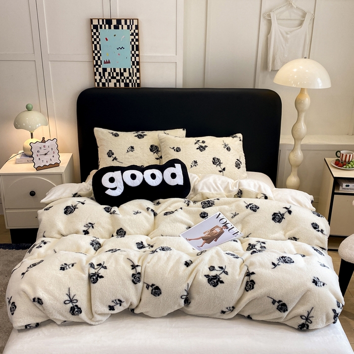 91家纺网 家纺一手货源 找家纺 蝶帕家纺 2025新款兔毛绒印花四件套 水墨玫瑰