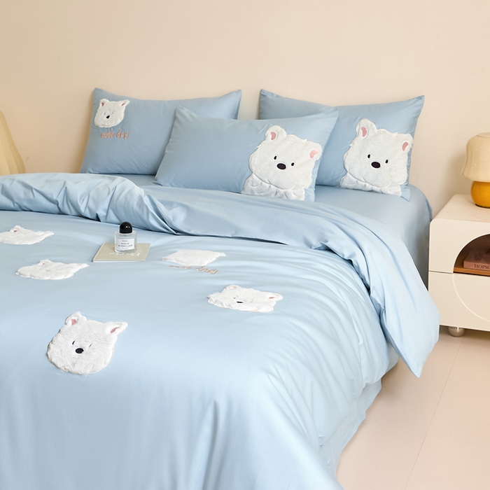 91家纺网 家纺一手货源 找家纺 618家纺 2025新款长绒棉全棉 50S100支纯棉奶油大白系列四件套 奶油大白蓝