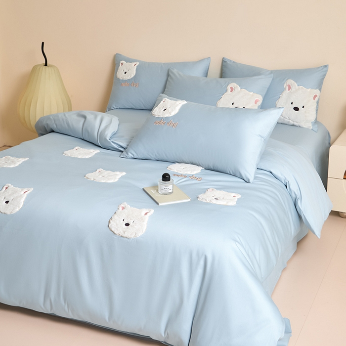 91家纺网 家纺一手货源 找家纺 618家纺 2025新款长绒棉全棉 50S100支纯棉奶油大白系列四件套 奶油大白蓝