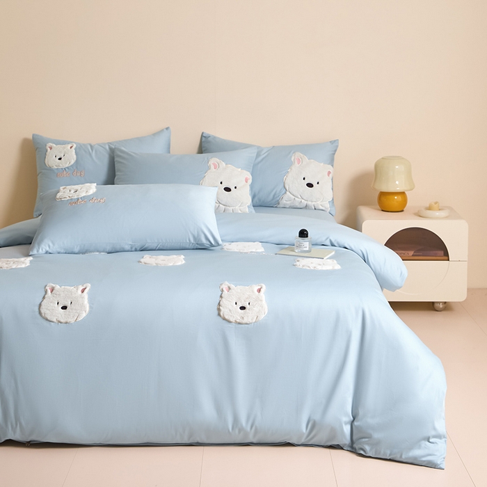 91家纺网 家纺一手货源 找家纺 618家纺 2025新款长绒棉全棉 50S100支纯棉奶油大白系列四件套 奶油大白蓝