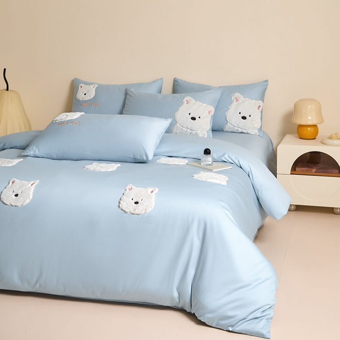 91家纺网 家纺一手货源 找家纺 618家纺 2025新款长绒棉全棉 50S100支纯棉奶油大白系列四件套 奶油大白蓝