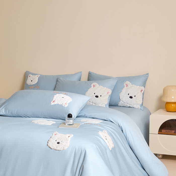 91家纺网 家纺一手货源 找家纺 618家纺 2025新款长绒棉全棉 50S100支纯棉奶油大白系列四件套 奶油大白蓝