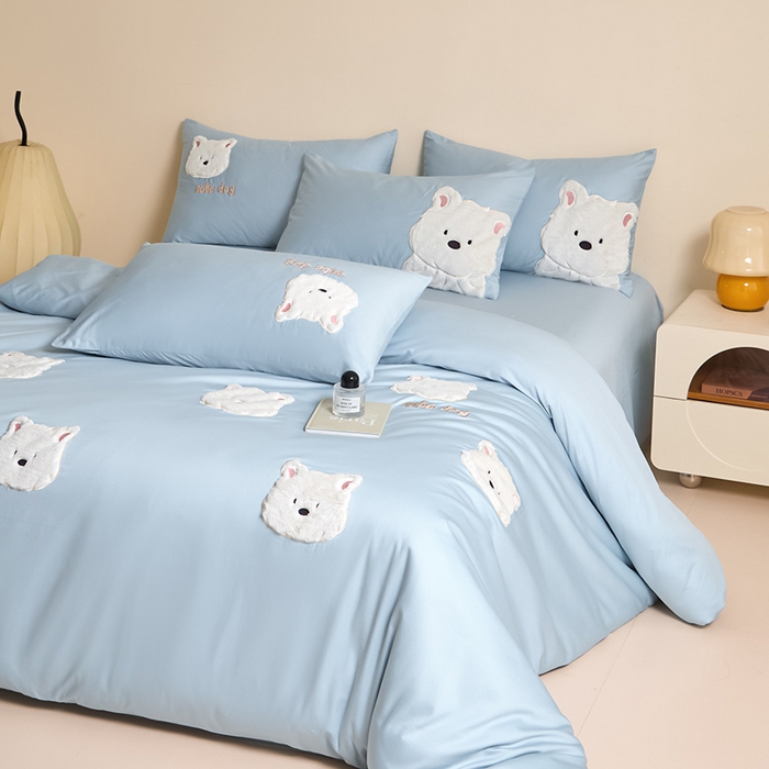 91家纺网 家纺一手货源 找家纺 618家纺 2025新款长绒棉全棉 50S100支纯棉奶油大白系列四件套 奶油大白蓝