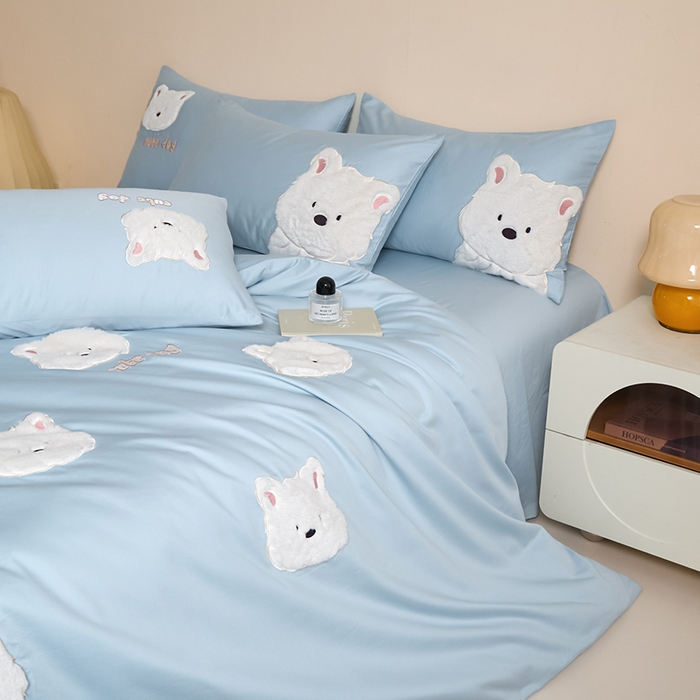 91家纺网 家纺一手货源 找家纺 618家纺 2025新款长绒棉全棉 50S100支纯棉奶油大白系列四件套 奶油大白蓝