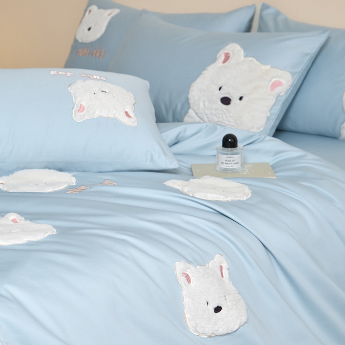 91家纺网 家纺一手货源 找家纺 618家纺 2025新款长绒棉全棉 50S100支纯棉奶油大白系列四件套 奶油大白蓝