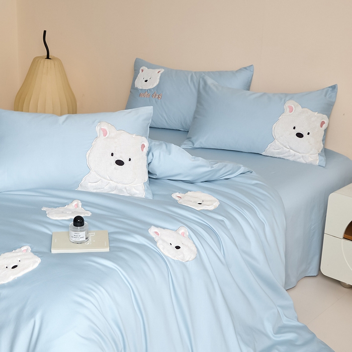 91家纺网 家纺一手货源 找家纺 618家纺 2025新款长绒棉全棉 50S100支纯棉奶油大白系列四件套 奶油大白蓝