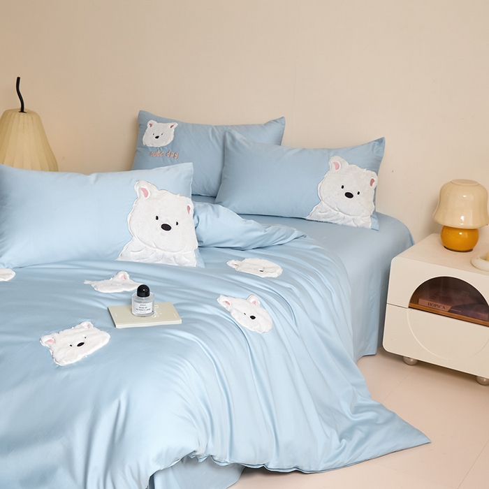 91家纺网 家纺一手货源 找家纺 618家纺 2025新款长绒棉全棉 50S100支纯棉奶油大白系列四件套 奶油大白蓝