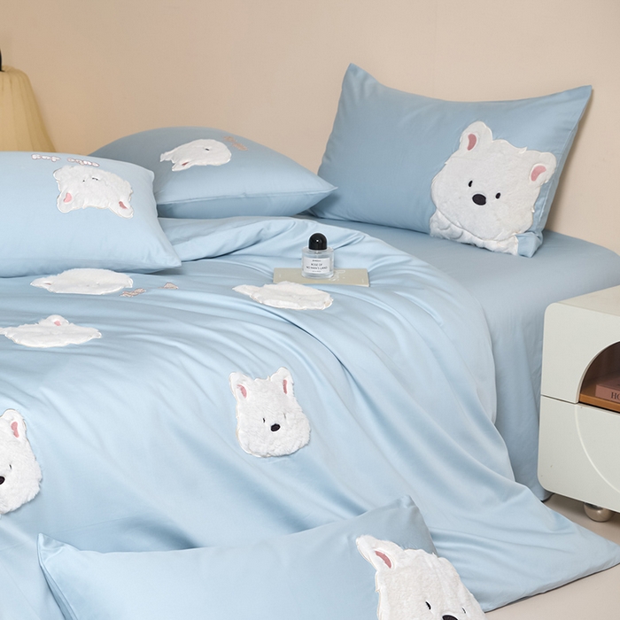 91家纺网 家纺一手货源 找家纺 618家纺 2025新款长绒棉全棉 50S100支纯棉奶油大白系列四件套 奶油大白蓝