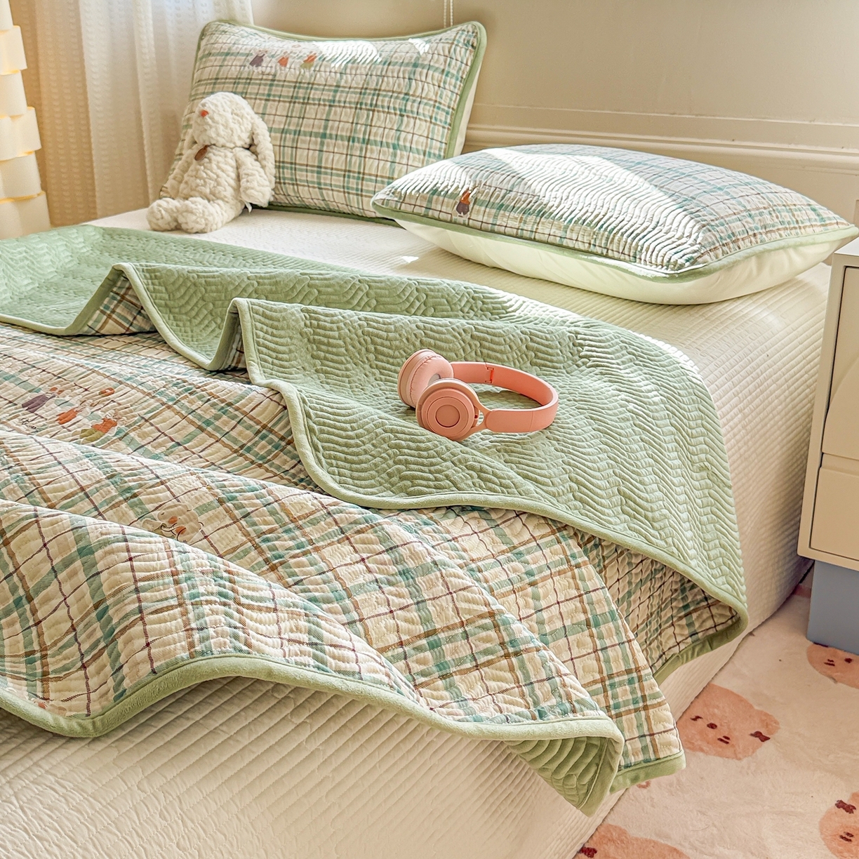 91家纺网 家纺一手货源 找家纺 布兰鸟家纺【1店】 2025新款全棉宝宝绒夹棉床盖单品床盖床盖单件（四季换面用） 格彩小象