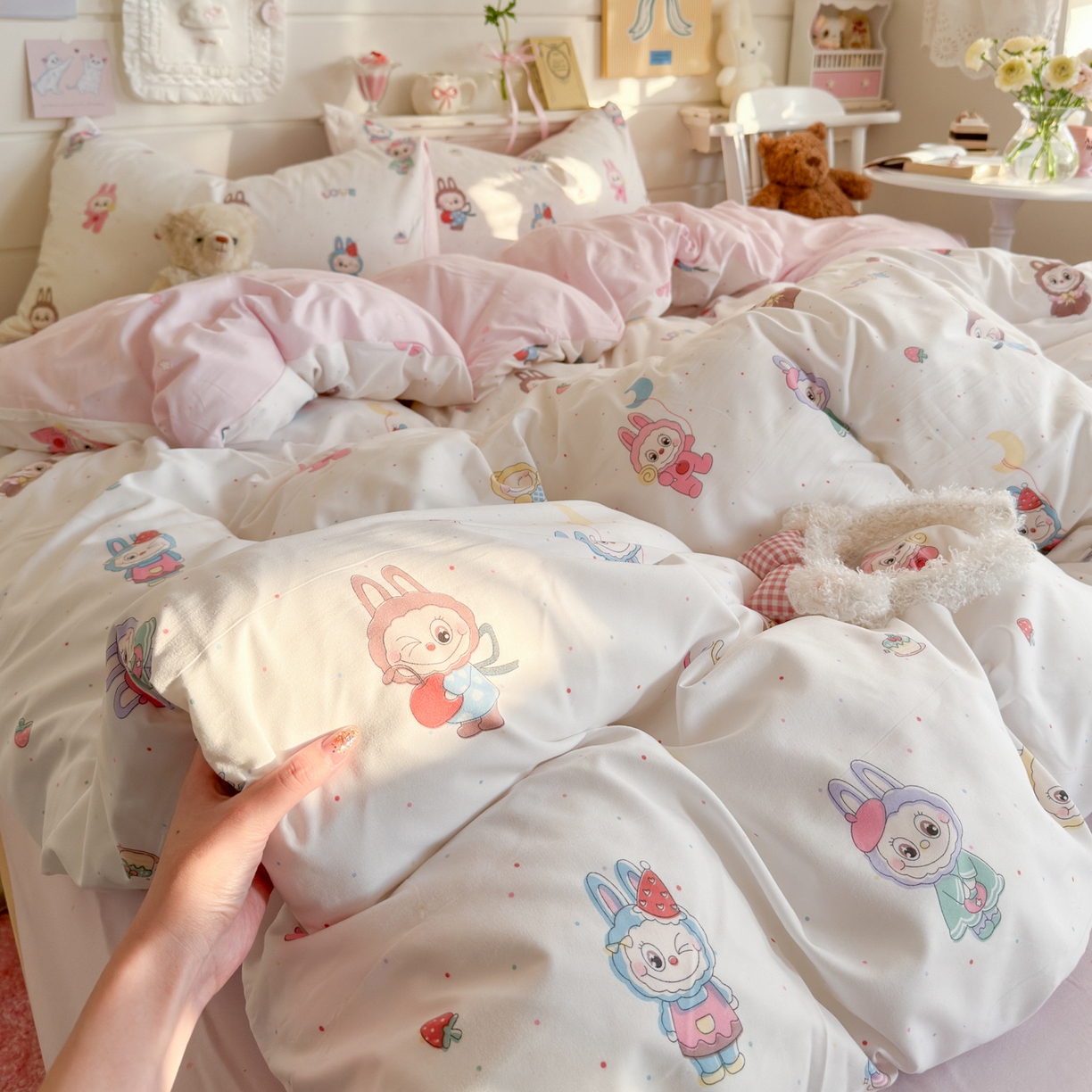 91家纺网 家纺一手货源 找家纺 海岛哥哥 2025新款高克重双层纱糯糯绵印花四件套-萌花系列 萌花系列-娃娃家族
