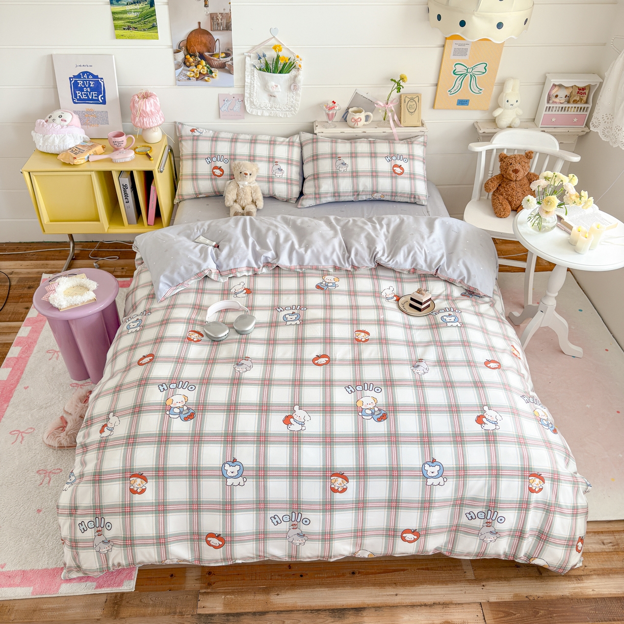 91家纺网 家纺一手货源 找家纺 海岛哥哥 2025新款高克重双层纱糯糯绵印花四件套-萌花系列 萌花系列-复古绿格狗