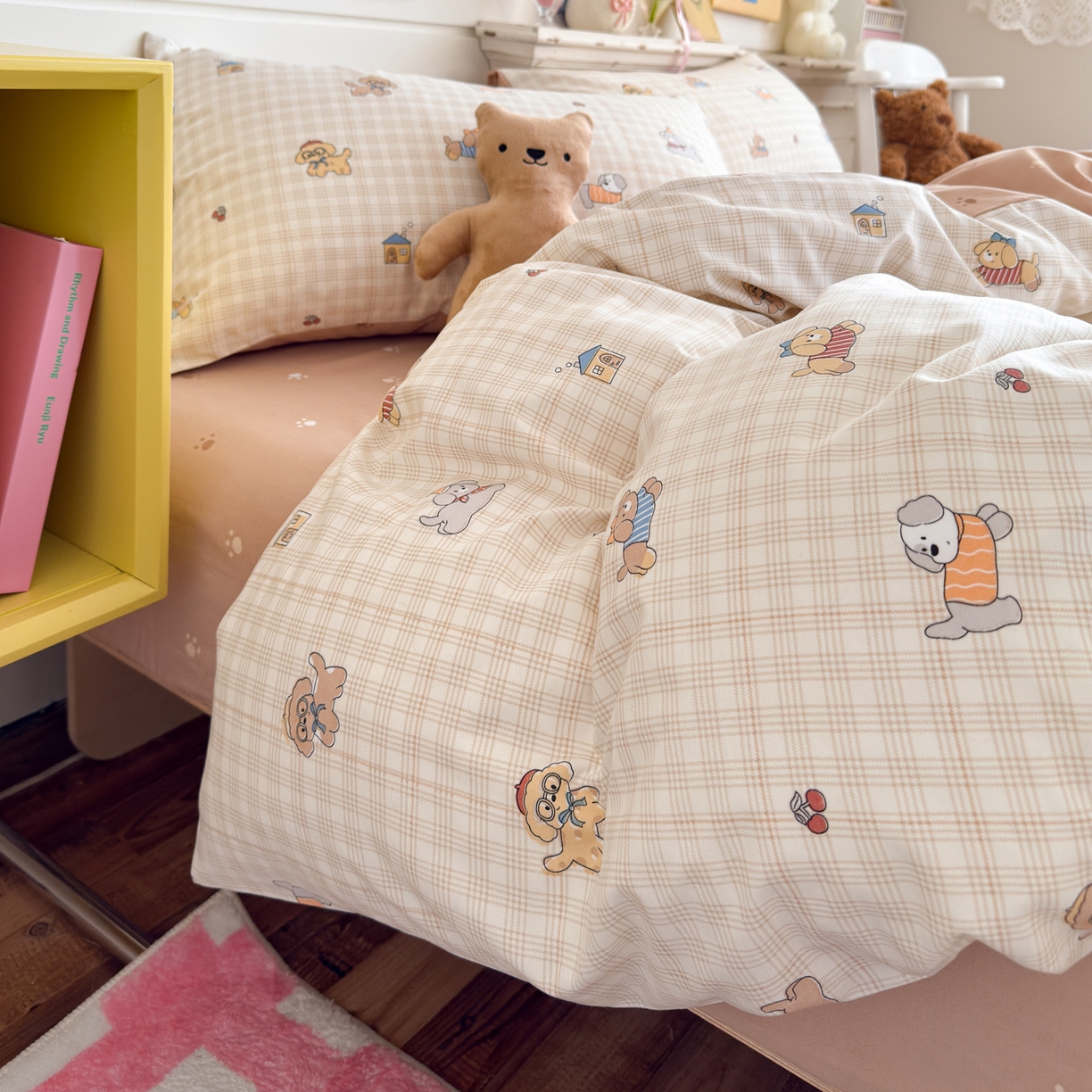 91家纺网 家纺一手货源 找家纺 海岛哥哥 2025新款高克重双层纱糯糯绵印花四件套-萌花系列 萌花系列-格子萌狗