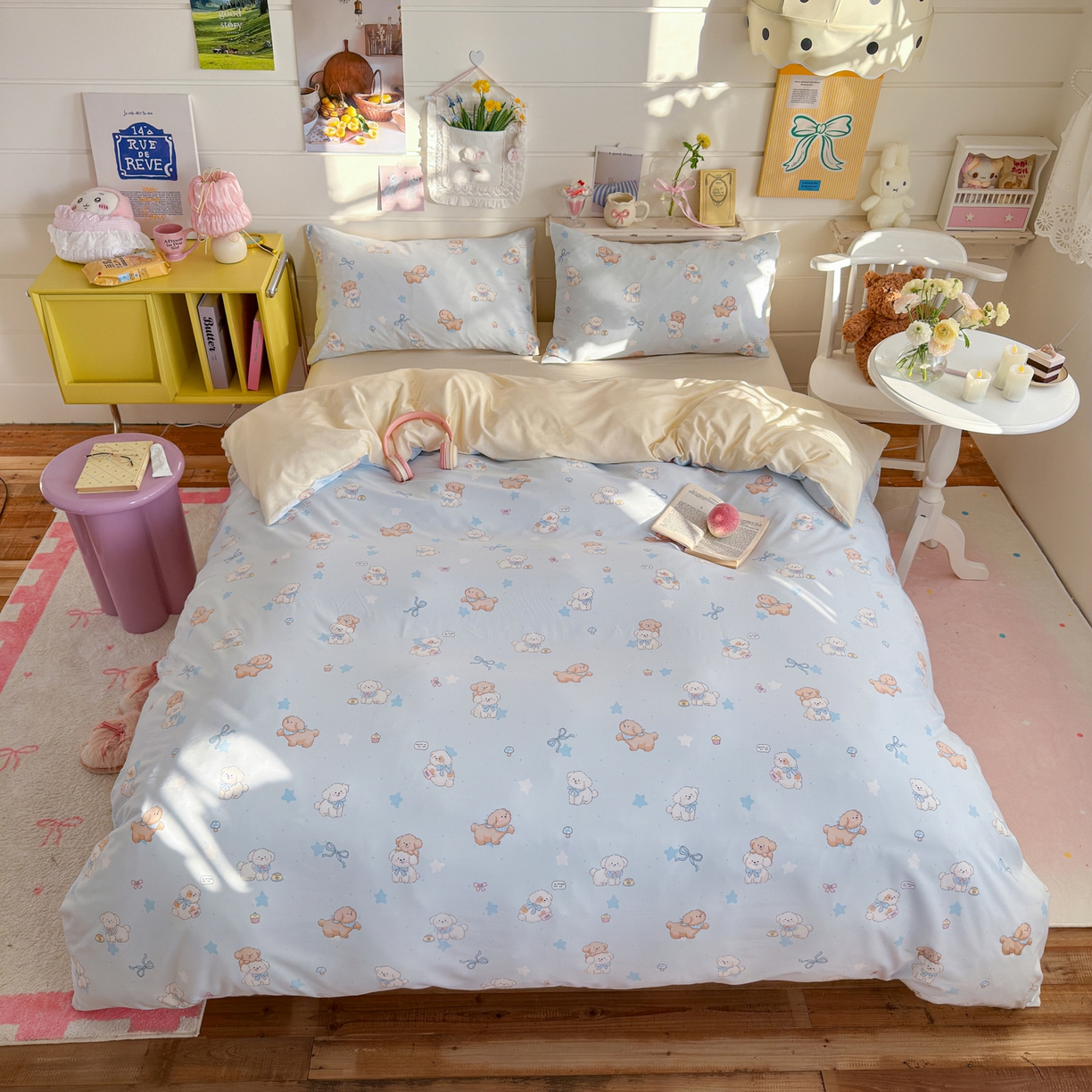 91家纺网 家纺一手货源 找家纺 海岛哥哥 2025新款高克重双层纱糯糯绵印花四件套-萌花系列 萌花系列-奶芙小狗