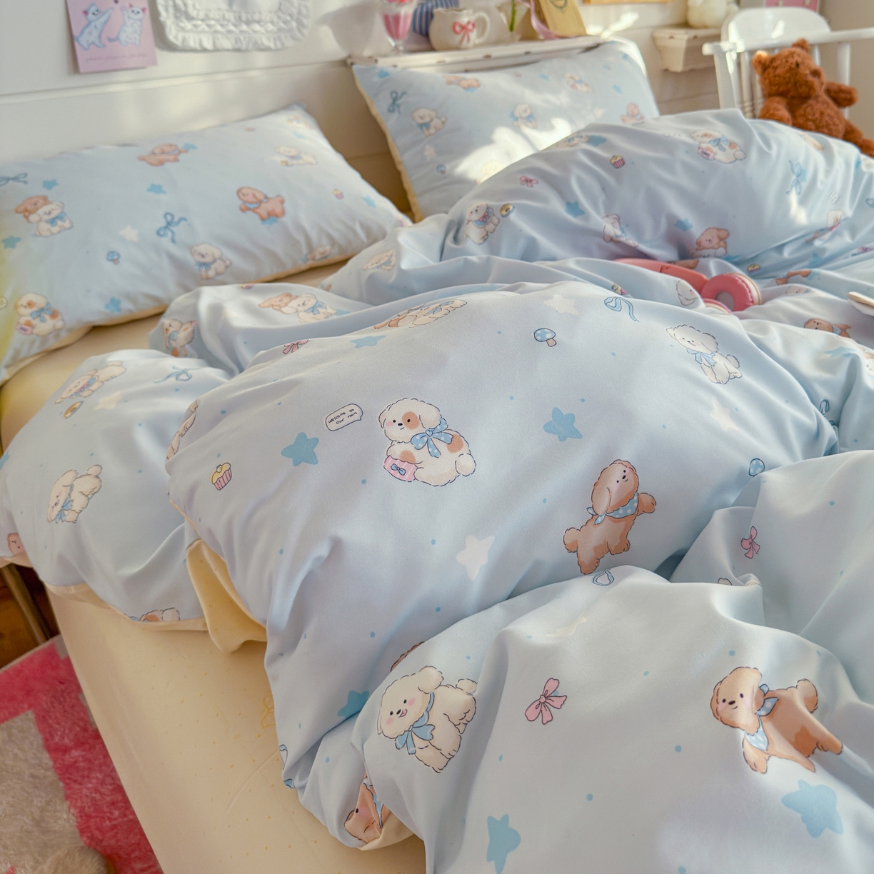 91家纺网 家纺一手货源 找家纺 海岛哥哥 2025新款高克重双层纱糯糯绵印花四件套-萌花系列 萌花系列-奶芙小狗