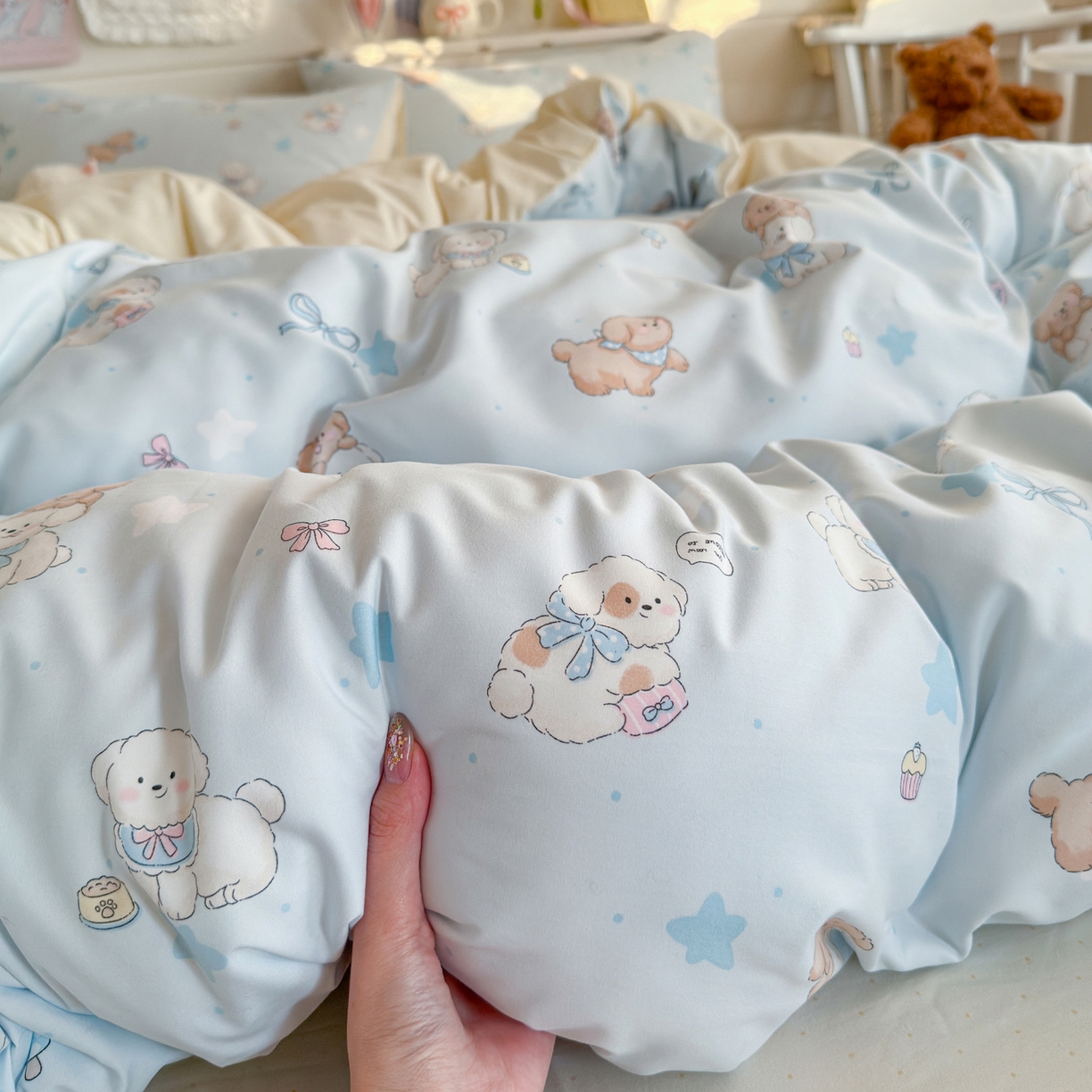 91家纺网 家纺一手货源 找家纺 海岛哥哥 2025新款高克重双层纱糯糯绵印花四件套-萌花系列 萌花系列-奶芙小狗