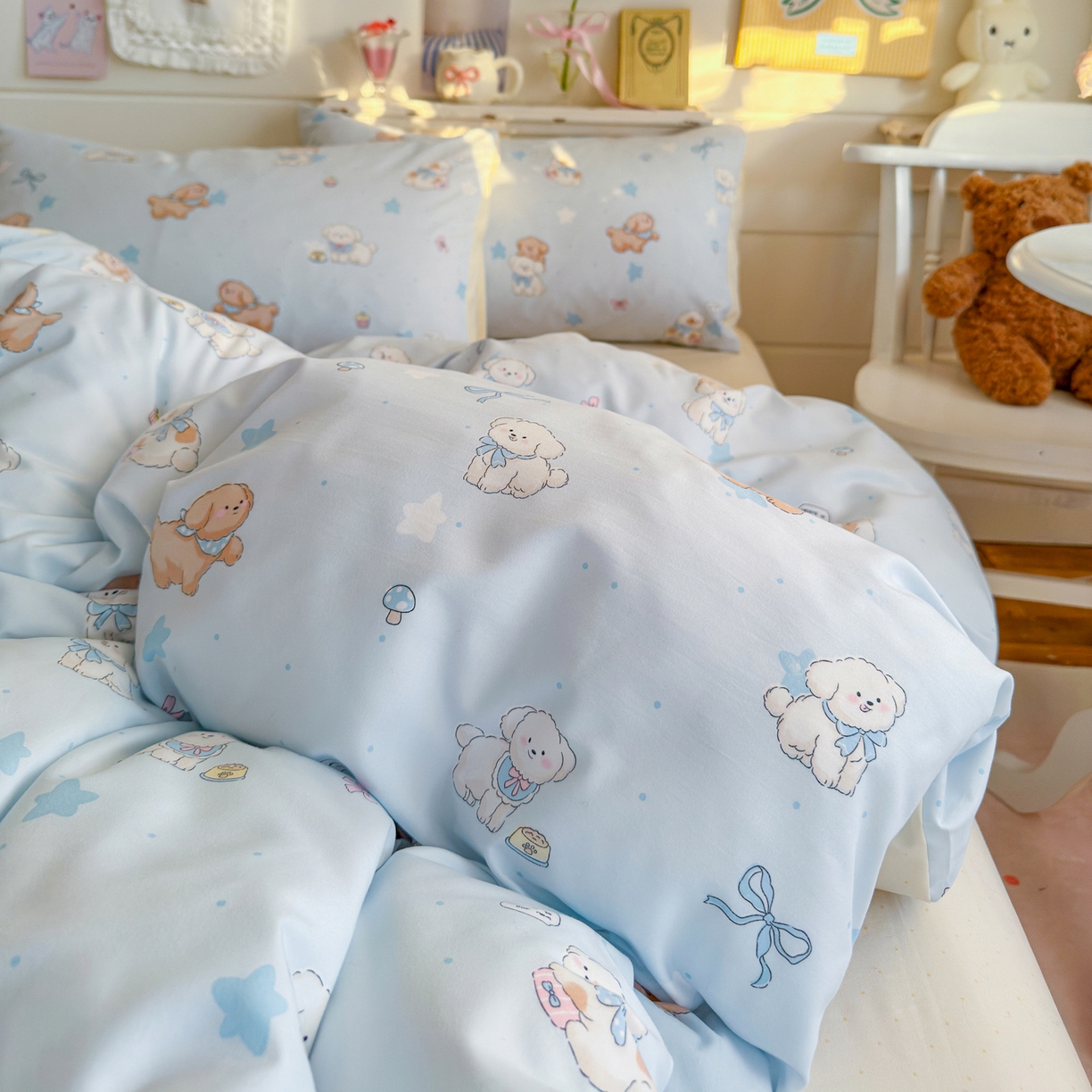 91家纺网 家纺一手货源 找家纺 海岛哥哥 2025新款高克重双层纱糯糯绵印花四件套-萌花系列 萌花系列-奶芙小狗