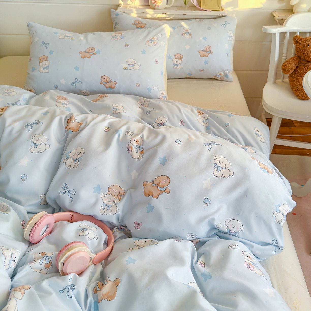 91家纺网 家纺一手货源 找家纺 海岛哥哥 2025新款高克重双层纱糯糯绵印花四件套-萌花系列 萌花系列-奶芙小狗