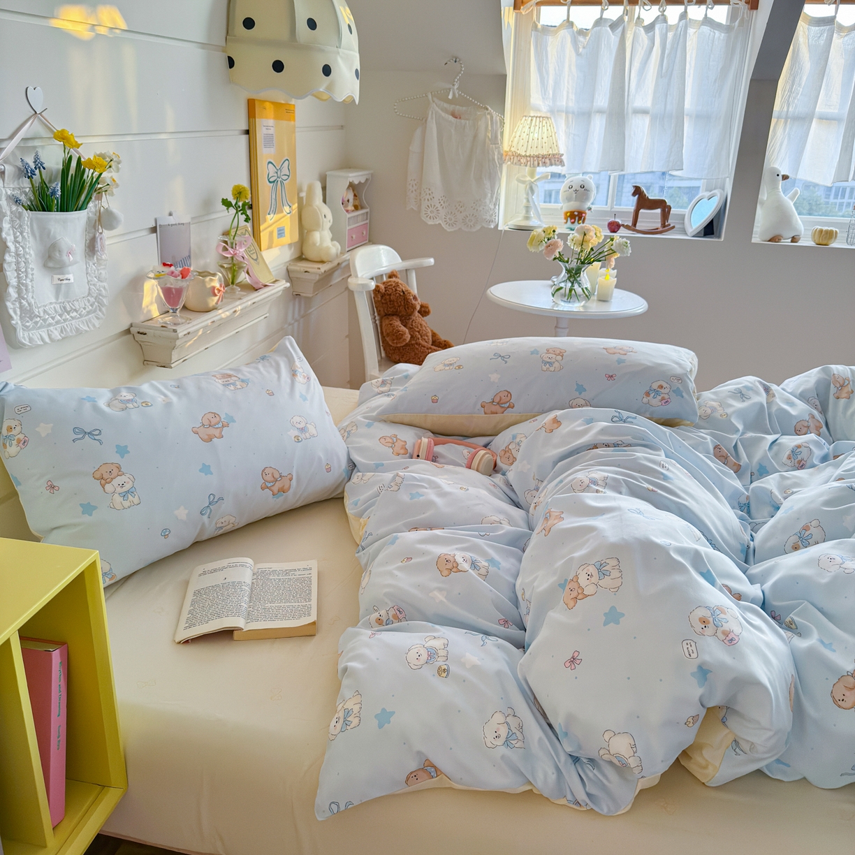 91家纺网 家纺一手货源 找家纺 海岛哥哥 2025新款高克重双层纱糯糯绵印花四件套-萌花系列 萌花系列-奶芙小狗