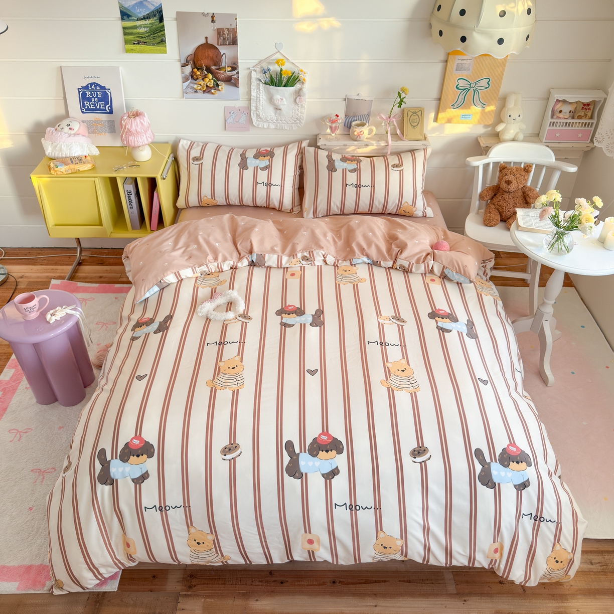 91家纺网 家纺一手货源 找家纺 海岛哥哥 2025新款高克重双层纱糯糯绵印花四件套-萌花系列 萌花系列-巧克力犬