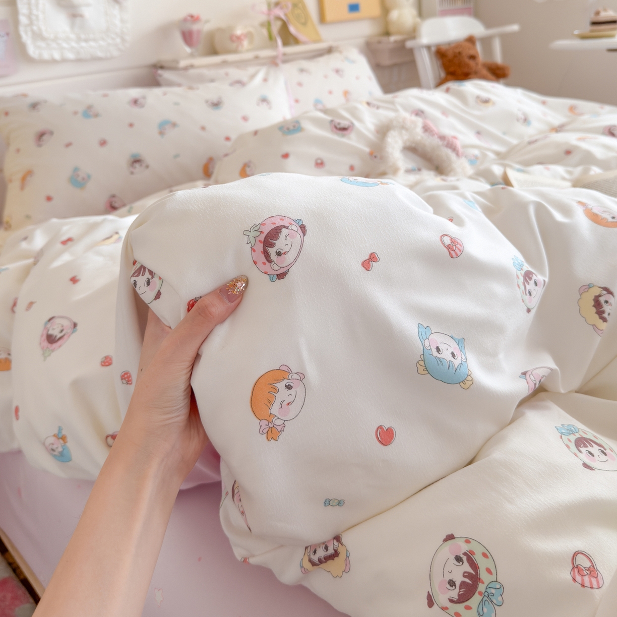 91家纺网 家纺一手货源 找家纺 海岛哥哥 2025新款高克重双层纱糯糯绵印花四件套-萌花系列 萌花系列-甜心女孩