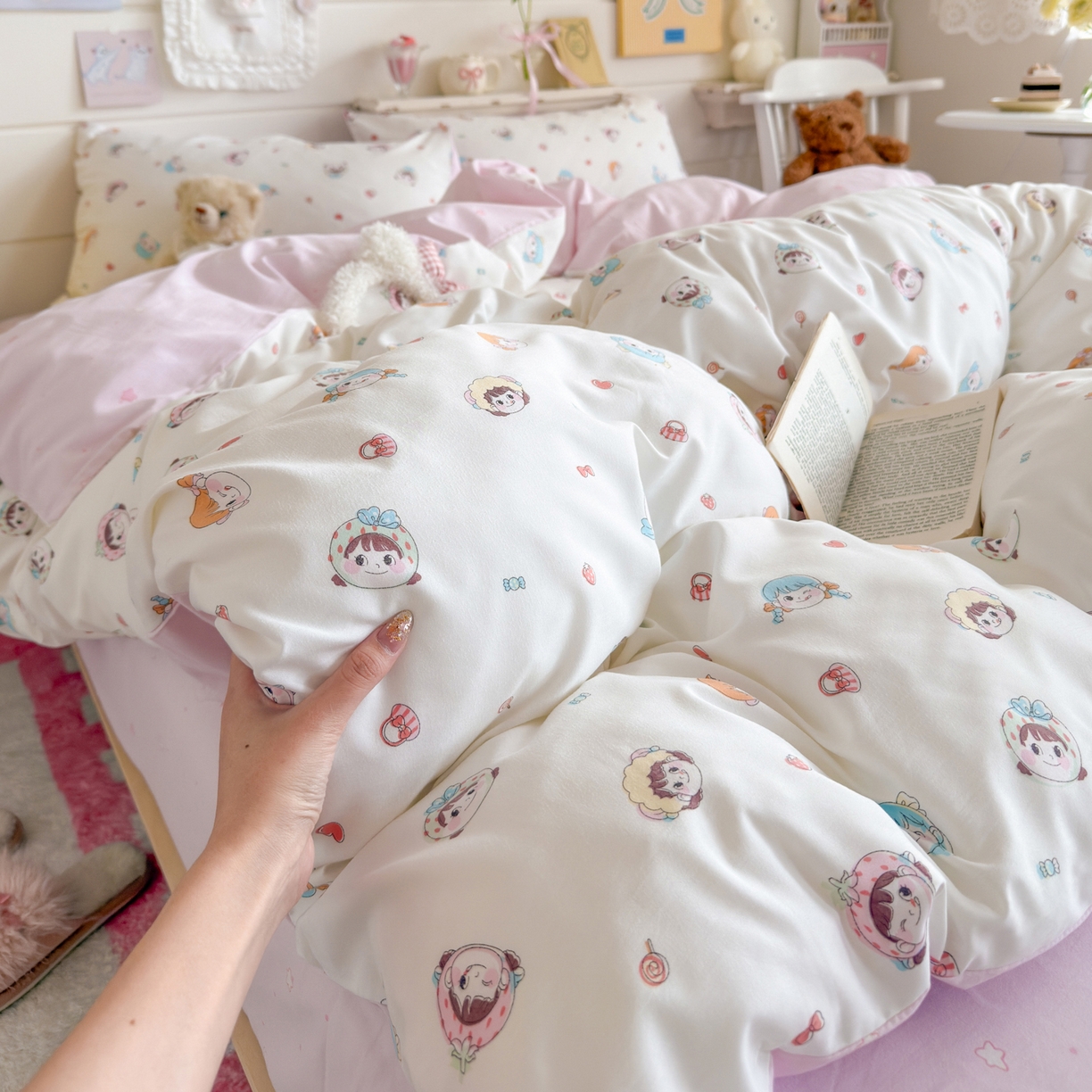 91家纺网 家纺一手货源 找家纺 海岛哥哥 2025新款高克重双层纱糯糯绵印花四件套-萌花系列 萌花系列-甜心女孩