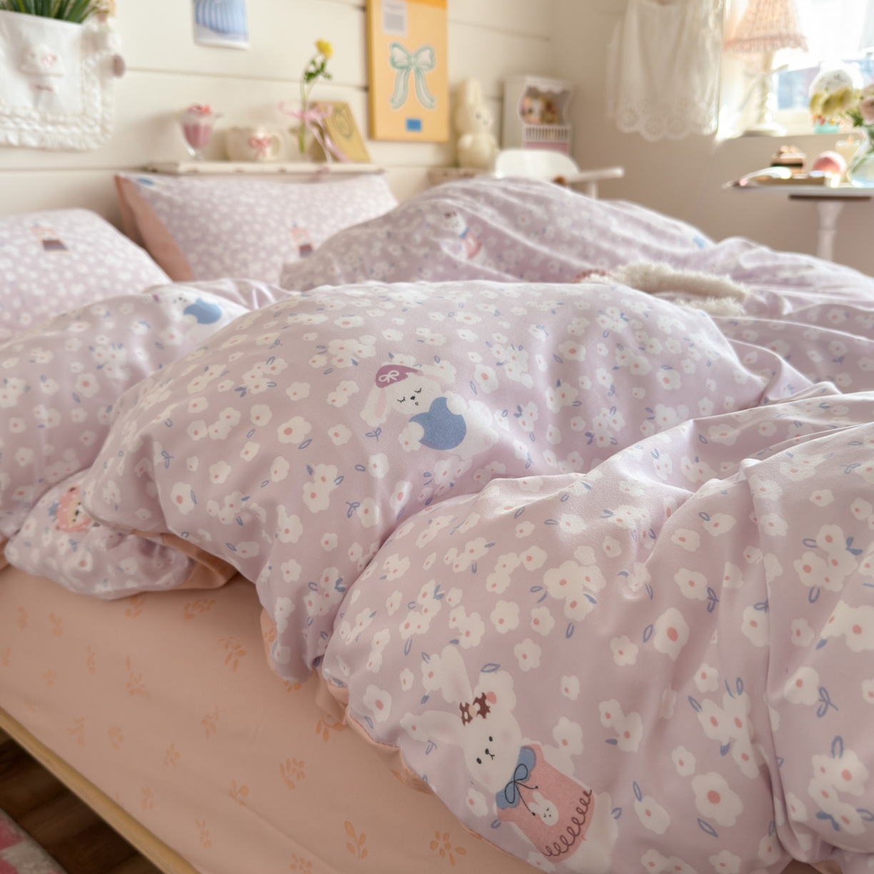 91家纺网 家纺一手货源 找家纺 海岛哥哥 2025新款高克重双层纱糯糯绵印花四件套-萌花系列 萌花系列-兔软软紫