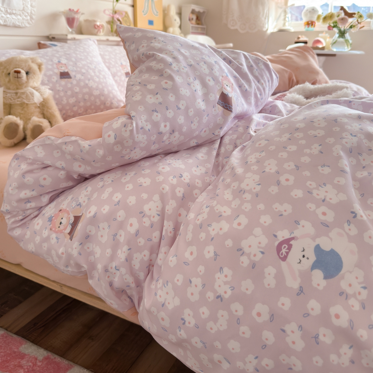 91家纺网 家纺一手货源 找家纺 海岛哥哥 2025新款高克重双层纱糯糯绵印花四件套-萌花系列 萌花系列-兔软软紫